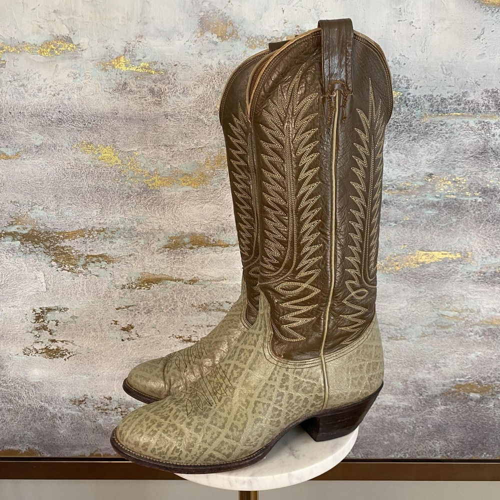 Nocona Tall Western Boots Womens Size 9.5 Brown Leather Animal Print Cowboy